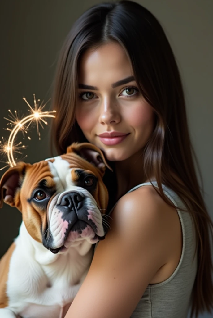 a photo of a woman, straight dark brown hair shoulder length, thin face, accompanied by her English bulldog with a halo