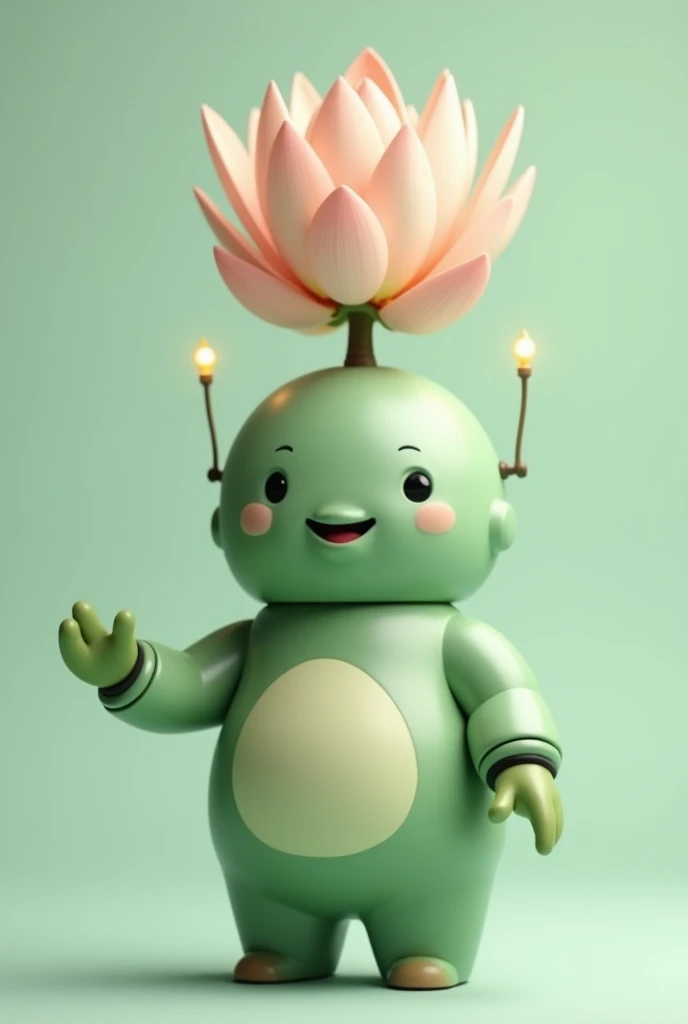 Friendly chubby robot of light green color and showing on top in the open hand a lotus flower