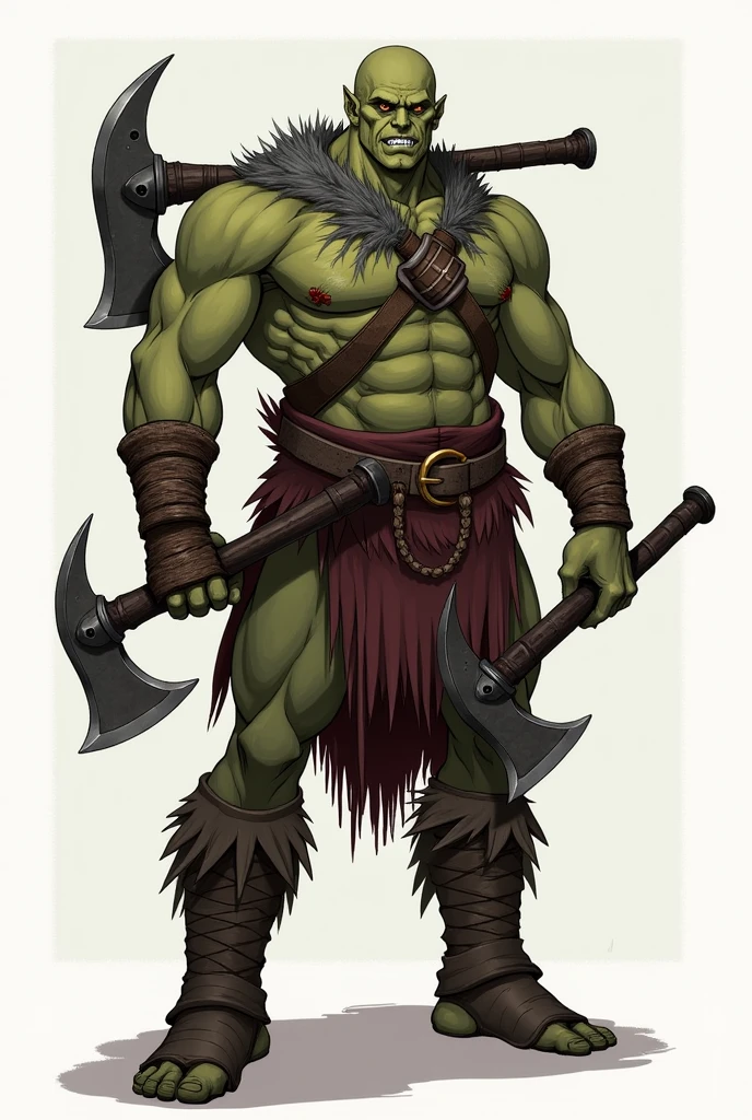 I want a half-orc, a draw, athletic body, with a big axe on his back, and two hatchets at his waist.