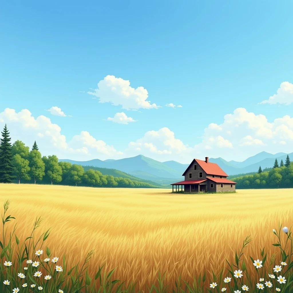 On a sunny summer day, under a vast blue sky with white clouds, a lonely old wooden house with a red roof stands amidst a wide, wind-swept wheat field. In the distance, lush green forests and mountains can be seen. Wildflowers bloom, and you can almost hear the gentle rustle of the grass in the peaceful, serene landscape.
