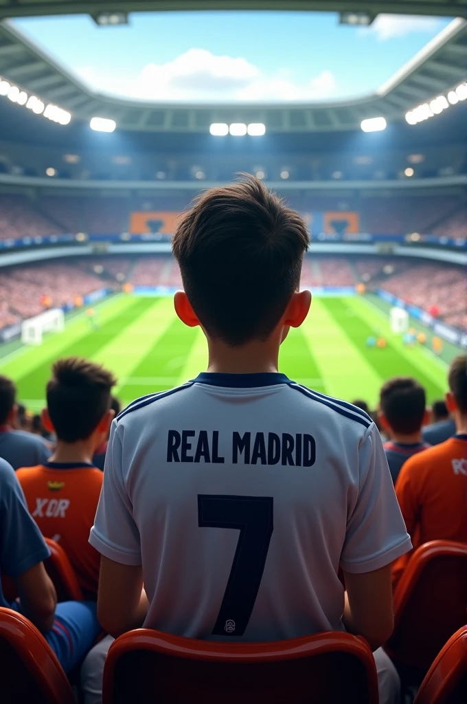 A ager boy watching Real Madrid match in stadium. He is wearing Jearsy number 7 and His name is Hasan