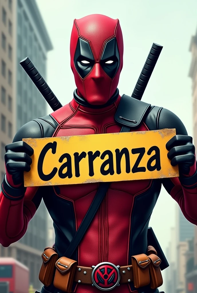 Image of deadpool with a sign with the name of carranza