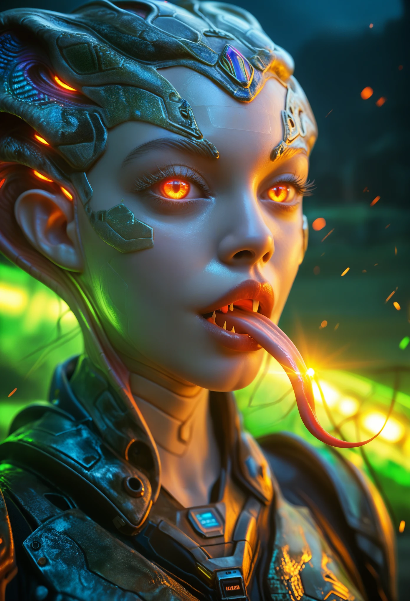 score_9, score_8_up, score_7_up, 1 female medusa alien, A scene from a horror movie, beautiful detailed eyes, A third eye on the forehead, beautiful detailed lips, extremely detailed face and eyes, long eyelashes, (long tongue like a snake:1.2), intricate insect-like features, glowing compound eyes, scythe-like forelimbs, alien carapace, vibrant colors, futuristic sci-fi environment, neon lights, glowing energy field, complex technological architecture, dramatic lighting, cinematic atmosphere, award winning digital art, hyper realistic, 8k, high quality, masterpiece, Bioluminescence, Translucent armor, thespiritde, concept art, hypre detailed moist skin texture, (Best Quality, 4K, 8K, High Definition, Masterpiece:1.2), (Ultra Detailed, Realistic, Photorealistic:1.37),