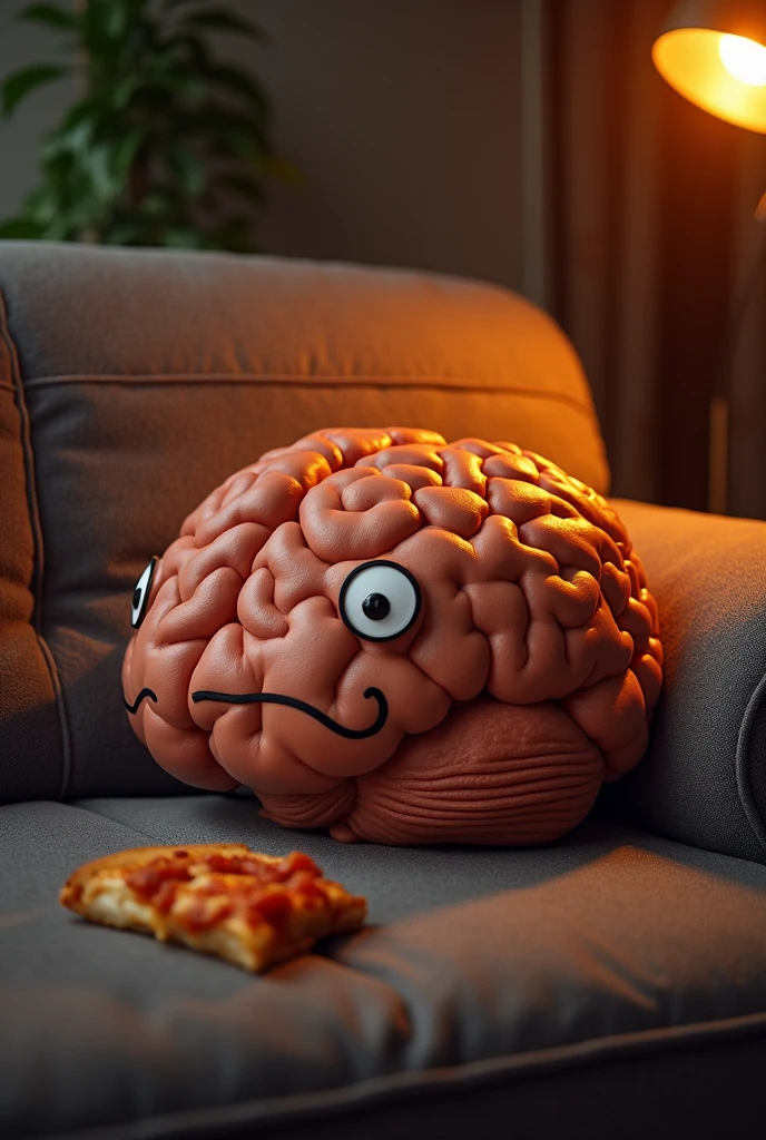 create a fat tired and sad brain eating pizza lying on a sofa