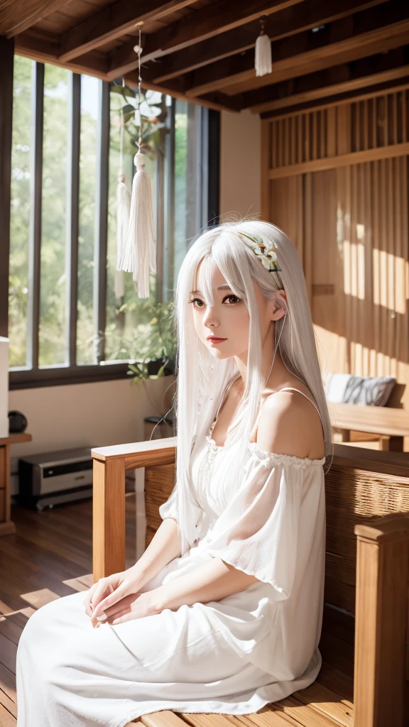 An anime girl with white hair wearing a white dress,Sitting in the living room,wind chimes