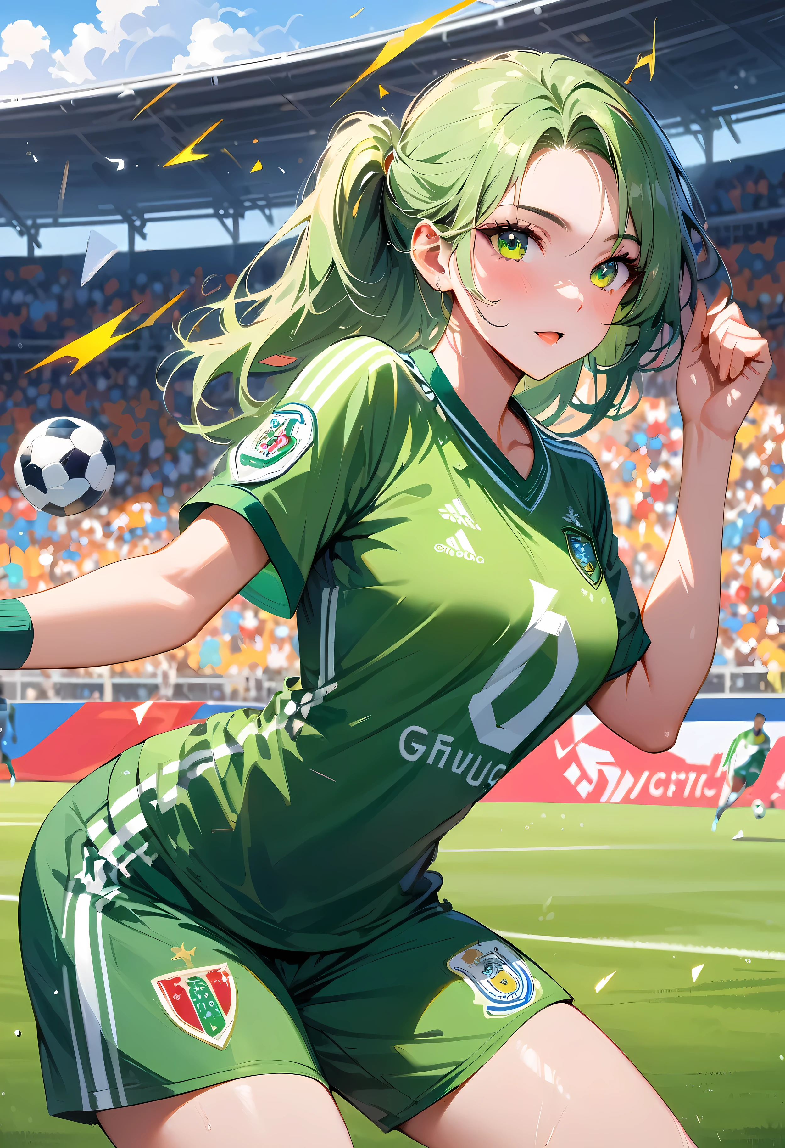 アニメ, mango, captain tsubasa, Soccer, sporting club of portugal, football, soccer ball, football((masterpiece:1.4, best quality))+, (Ultra-detail)+, light green hair , Wolfsschnitt, green eyes, football stadium, football game, viele
babys in grünen weißen football shirt, Green clothing, football elements,Coole pose, different skin color,colorful background,natta ,(lightning effect),(Sparkly Eyes), football, many cute babies, five big stars sparkle, sporting club of portugal