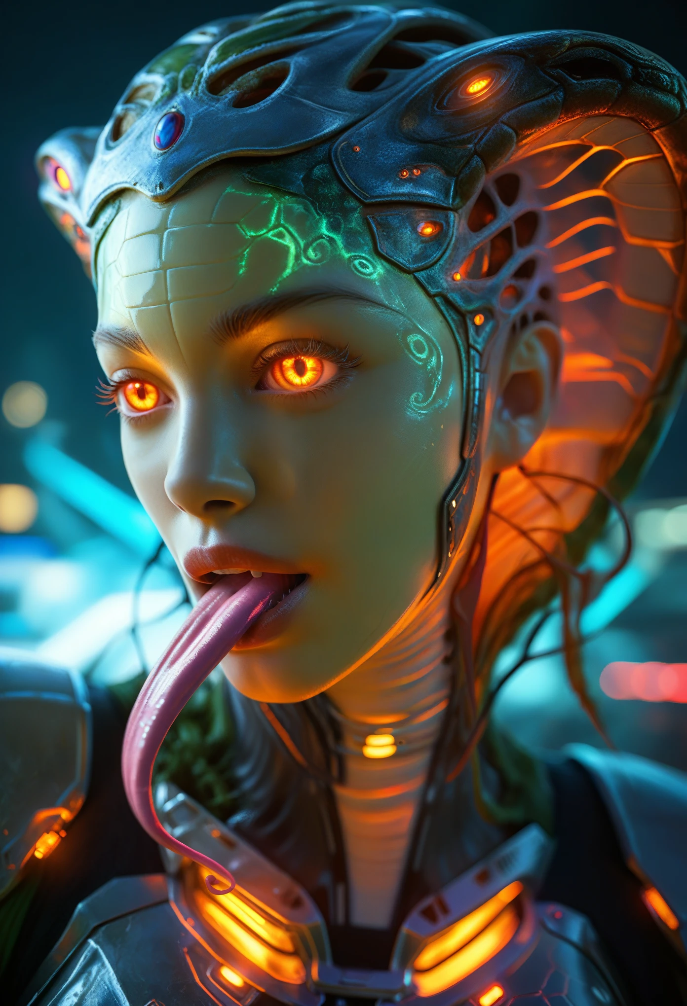 score_9, score_8_up, score_7_up, 1 female medusa alien, A scene from a horror movie, beautiful detailed eyes, A third eye on the forehead, beautiful detailed lips, extremely detailed face and eyes, long eyelashes, (long tongue like a snake:1.2), intricate insect-like features, glowing compound eyes, scythe-like forelimbs, alien carapace, vibrant colors, futuristic sci-fi environment, neon lights, glowing energy field, complex technological architecture, dramatic lighting, cinematic atmosphere, award winning digital art, hyper realistic, 8k, high quality, masterpiece, Bioluminescence, Translucent armor, thespiritde, concept art, hypre detailed moist skin texture, (Best Quality, 4K, 8K, High Definition, Masterpiece:1.2), (Ultra Detailed, Realistic, Photorealistic:1.37),