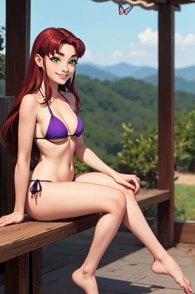 masterpiece, best quality, butterfly sitting, starfire, orange skin, bikini, smile
