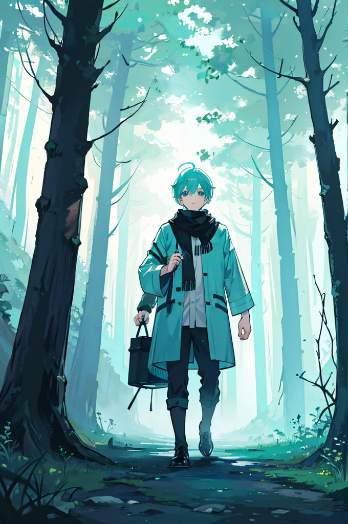 Walking through a forest shrouded in white mist、With short, aqua-colored hair and a lantern in one hand、A boy wearing a black scarf