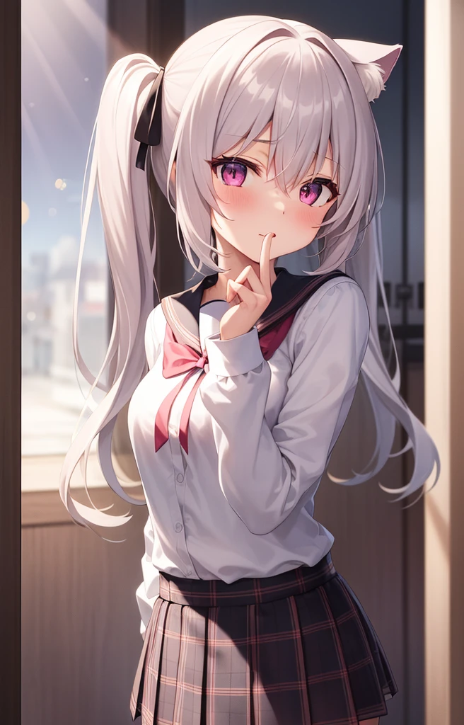 1girl, (upper body:1.3), cat girl, Cat ears, grey hair, streaked hair, pink hair, long hair, hair between eyes, twintails, sailor collar,
highly_detailed, extremely_detailed_CG_unity_8k_wallpaper, highres, absurdres, beautiful_detailed_eyes, finely_detailed_clothing, finely_detailed_light, highly_detail_hair_,
colorful, light rays, caustics, aistics, lens flare, bokeh, nsfw, tianyi3, flat-chested, pink eyes, silk stockings, JK Uniform Plaid Skirt, school uniform, Light pink mini skirt, blush,
score_anime, score_9, score_8_up, masterpiece, beautiful scenery, floral background, illustration, Light yellow underwear, sexually suggestive, blush, Shake your hand, Want to refuse