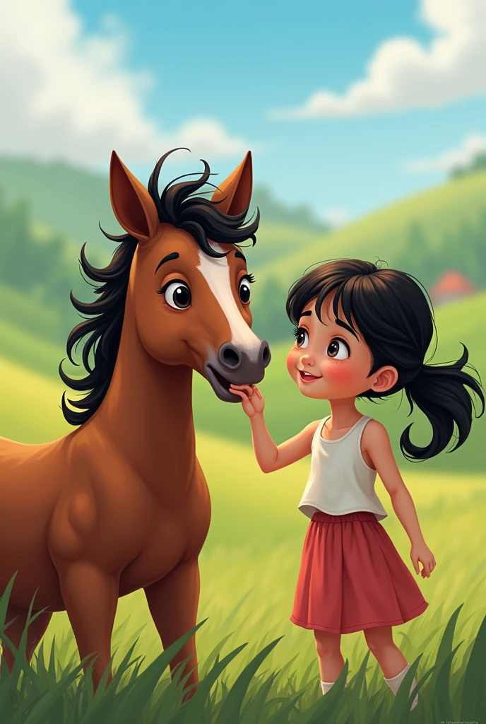 A mixed race ager and her brown pony with a mischievous black mane
