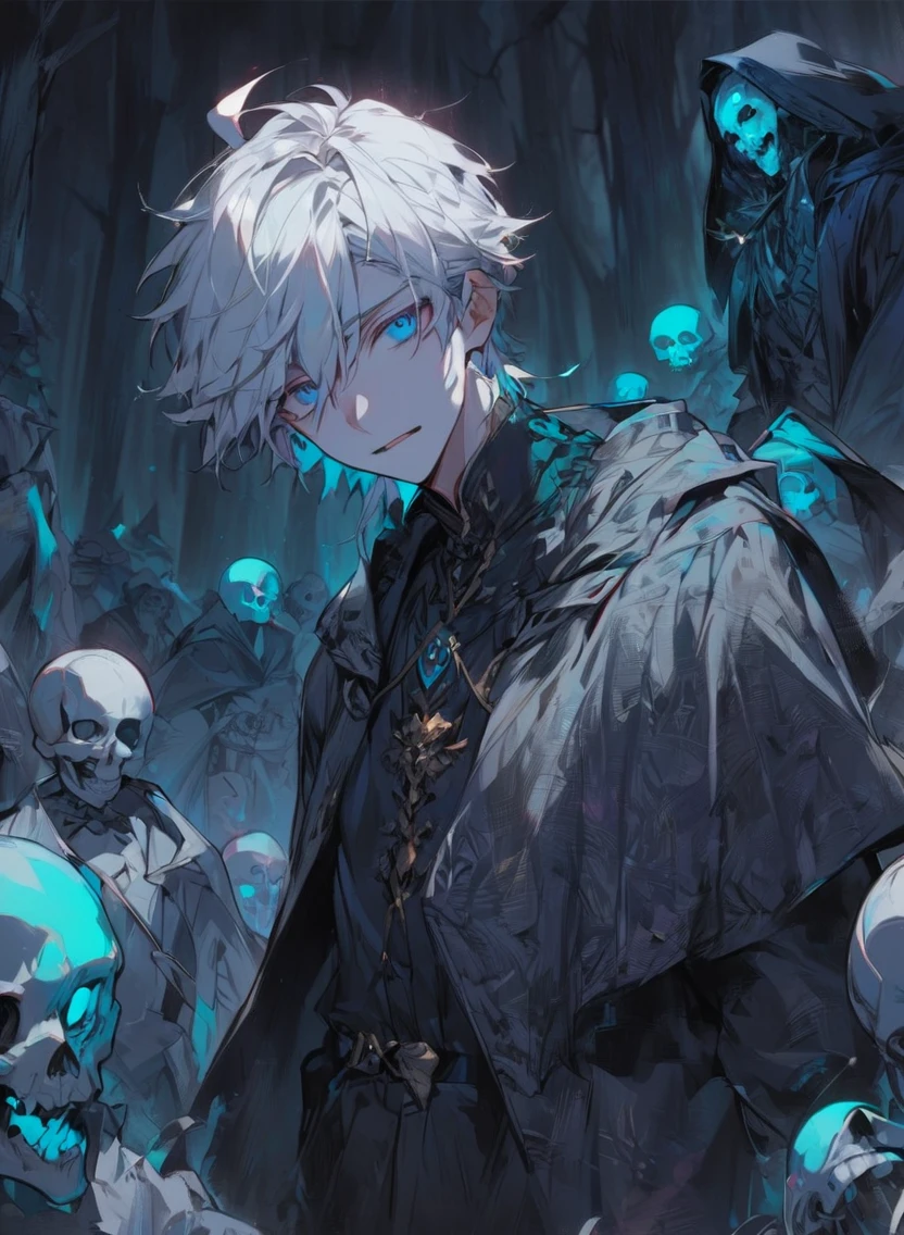 young man ,Male Dark, dark Woods, cold colors, man white hair with blue eye, Warlock dnd , Skeleton army in background, calm face expression