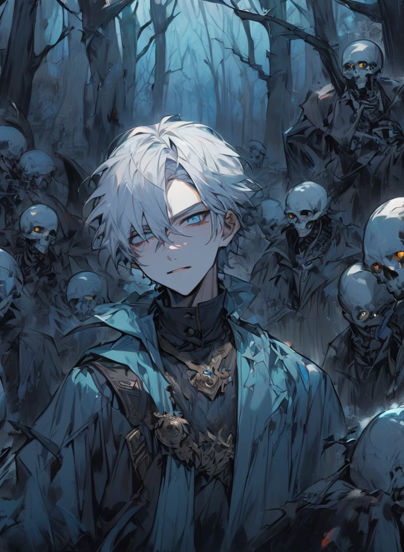 young man ,Male Dark, dark Woods, cold colors, man white hair with blue eye, Warlock dnd , Skeleton army in background, calm face expression