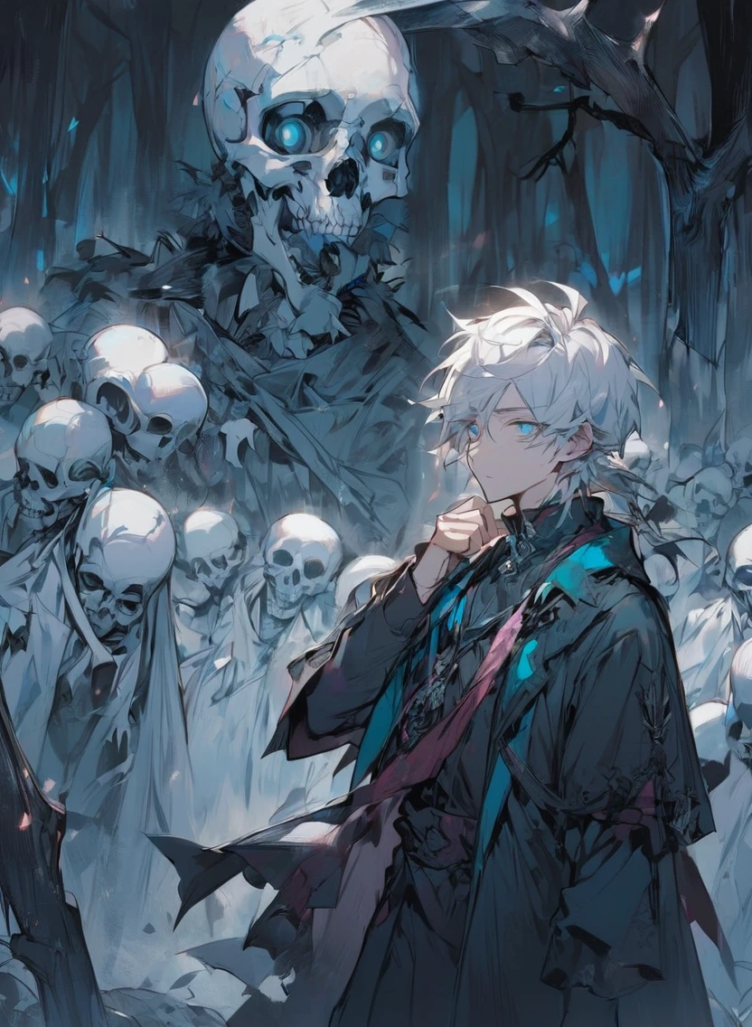 young man ,Male Dark, dark Woods, cold colors, man white hair with blue eye, Warlock dnd , Skeleton army in background