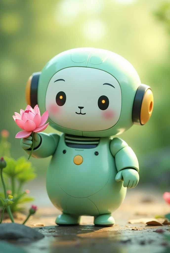 Small friendly chubby robot in light green, Greeting with a lotus flower
