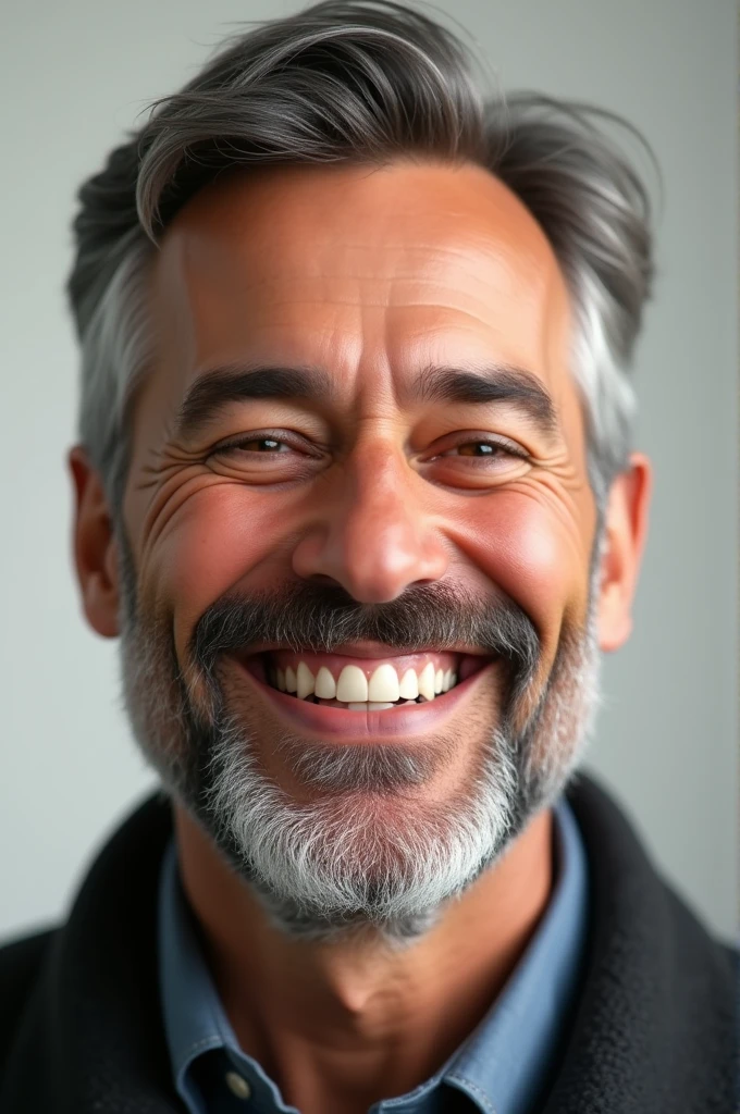 Imagine a person's face named Leo, that he is happy, that he has a beard only on the chin, that is smiling