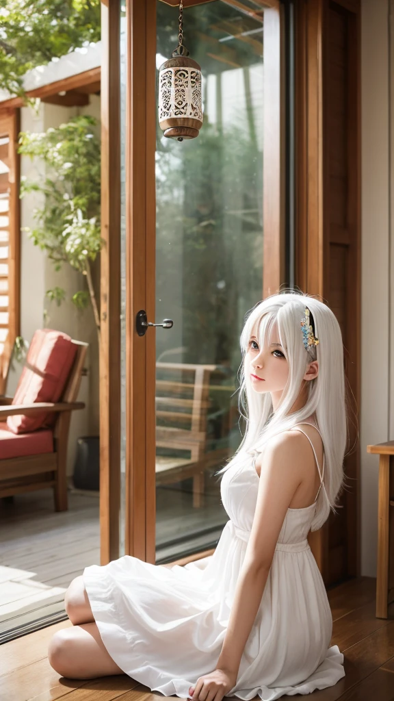 1 girl, in front of window, standing, bath, long legs, white hair, smile, ray tracing, best quality, masterpiece, UHD, anatomically correct, textured skin, high detail