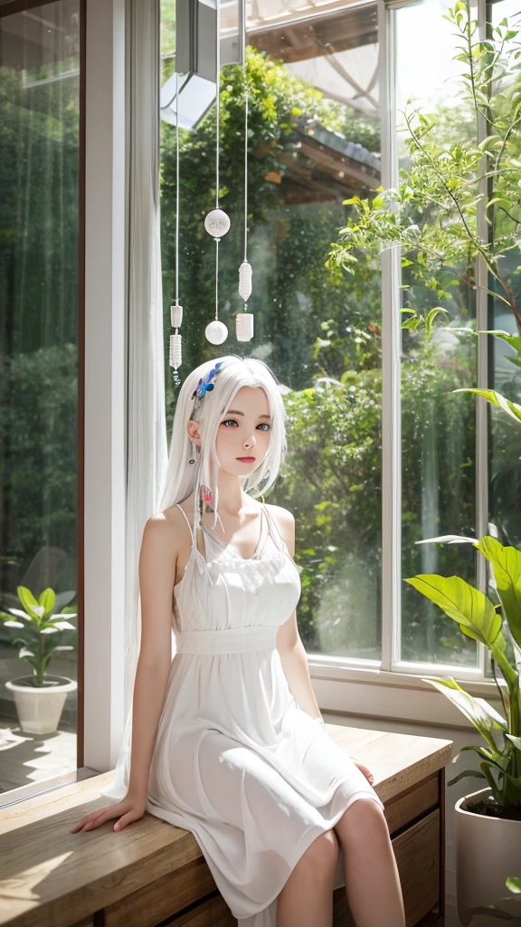 An anime girl with white hair wearing a white dress,Sitting in the living room,wind chimes