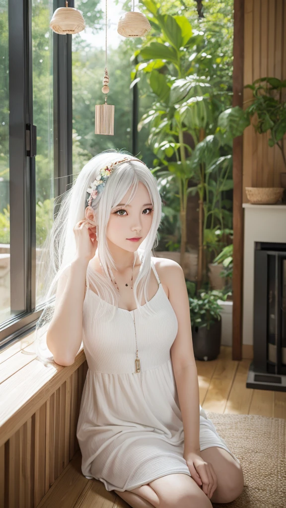 An anime girl with white hair wearing a white dress,Sitting in the living room,wind chimes