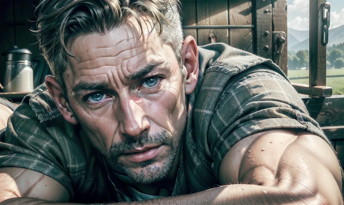 [((highly detailed, detailed eyes, detailed face, clear and realistic facial features, photorealistic, realistic light, cinematic)), ((((1 man)))), Mark is a handsome and alluring slender but muscular male farmer father aged 45 with short blond hair and a neat moustache and blue eyes and weathered skin wearing a flannelette shirt, ((sexy rural gay farmer)), ((greying dark-blond hair)), (((weathered mature face))), (((Mark has a seductive smirking look on his face and a slight blush on his cheeks))), There is a charming yet dry southern farm in the background, ((sexual tension mood))]