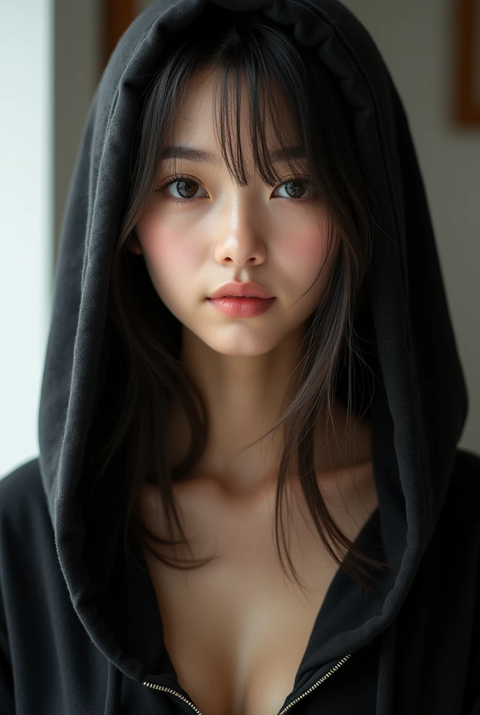 best quality, face focus, soft light, ultra high res, (photorealistic:1.4), RAW photo,
1japanese girl, solo, cute, (boba pupil eyes),  detailed beautiful face, (medium chest),(high resolution detail of human skin texture),
(long hair),
indoor,
Oversized Black Hoodie, clear face photo
(portrait)