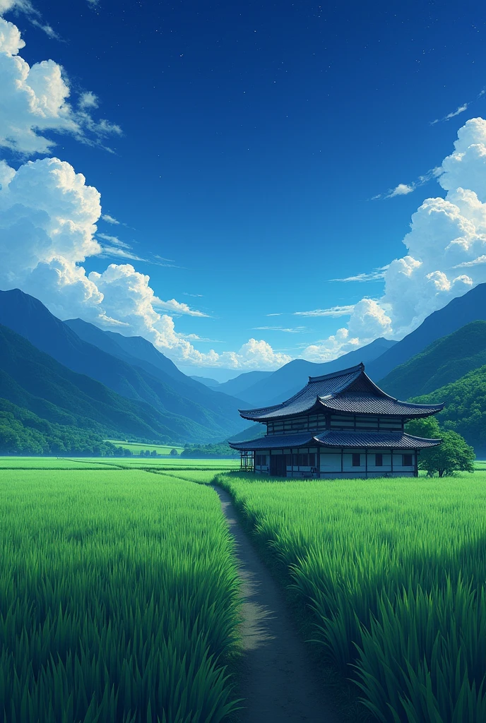 Japan countryside、summer night、Wide rice field、Fantasy、4K quality、photograph、Japanese-style house、countryside
