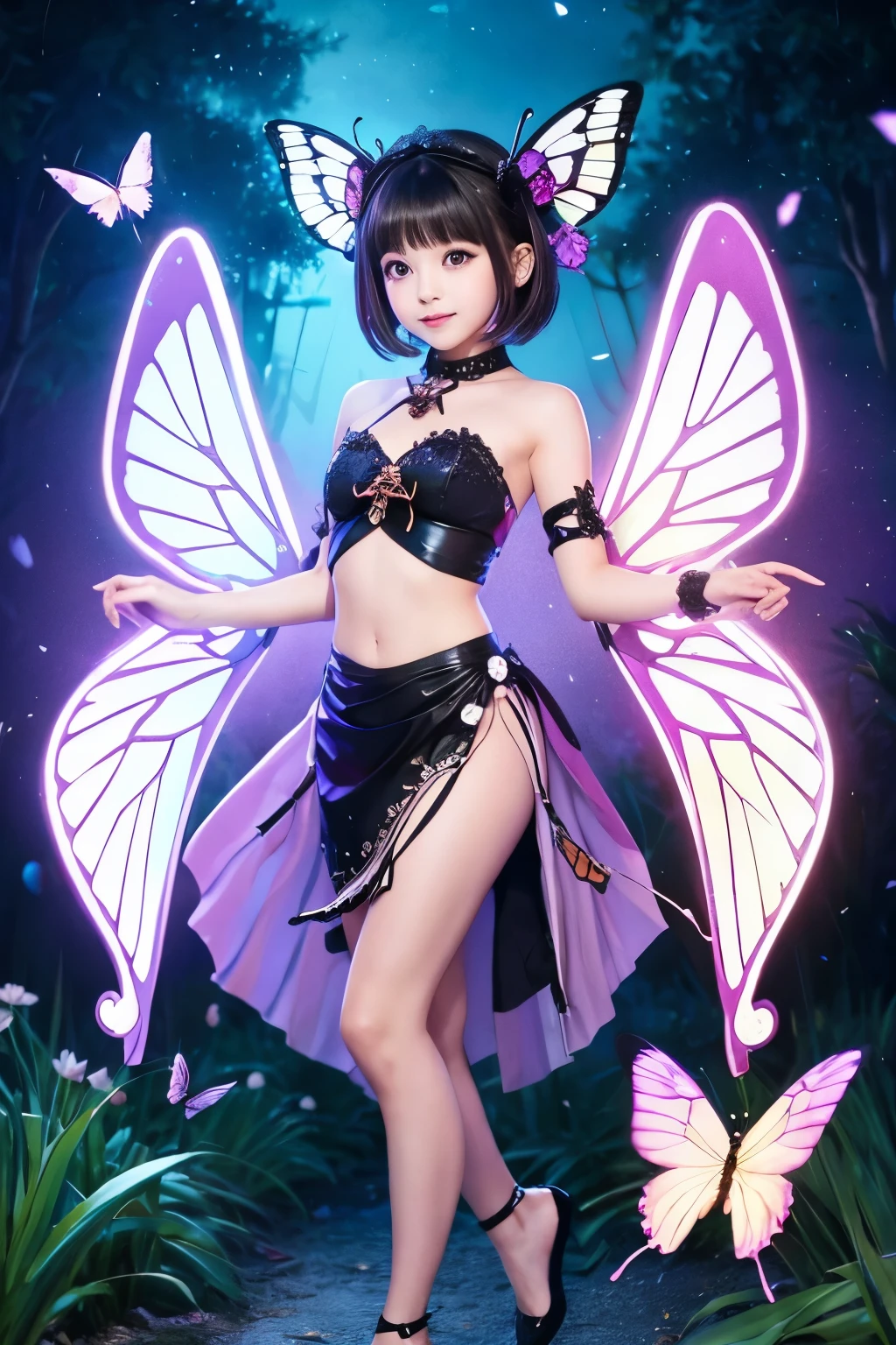 muste piece, best quality, (highest quality、8K、masterpiece:1.3)、ultra high resolution、Physically based rendering、(photorealistic:1.37)、beautiful woman with perfect body:1.4、slim abdomen:1.2、Highly detailed face and skin texture、 red cheeks、white skin、thin waist,thin legs、highest quality,very beautiful 12 year old girl, (cute:1.2),perfect shiny skin,((Precise hands without any discomfort)), brown hair,(short bob hair),(((full nude)))、(((upper body nude)))、(((lower body nude)))、(((stand in a flower field)))、big smile、((big butterfly wings))、(I can see pubic hair)、((black rimmed glasses))、(((black leather long boots)))、(((whole body shot)))