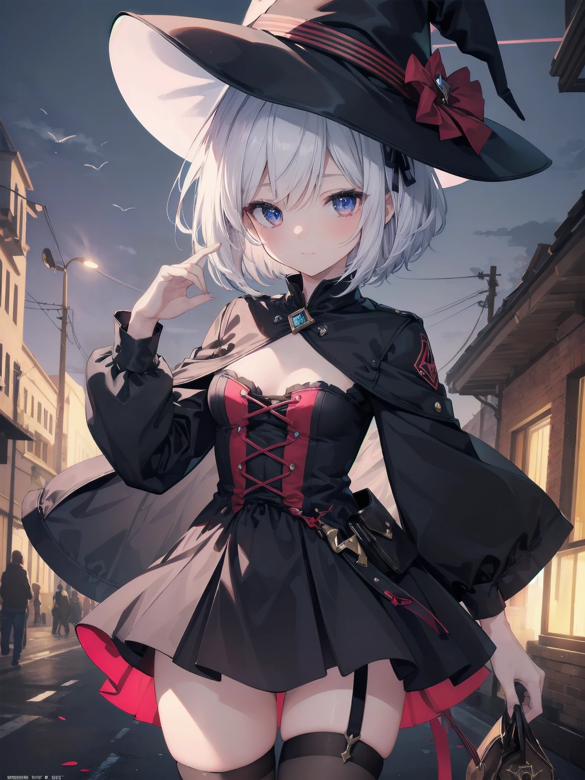 (Masterpiece artwork: 1.3), (top-quality: 1.2), Grande plano de one rapariga bonita, Ultra-detailed illustration, Ultra-high quality, high qualiy, top-quality, members, Fingers, beautiful and slender girl, one, Eyes red, leather witch cosplay, little devil, bob cut, black stocking, deer hat, illuminated kinematics