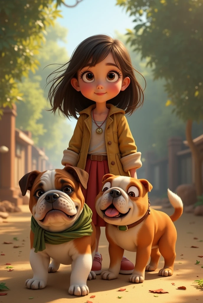 From the image I uploaded, I want a composition of that girl accompanied by her bulldog, in Disney pixar style