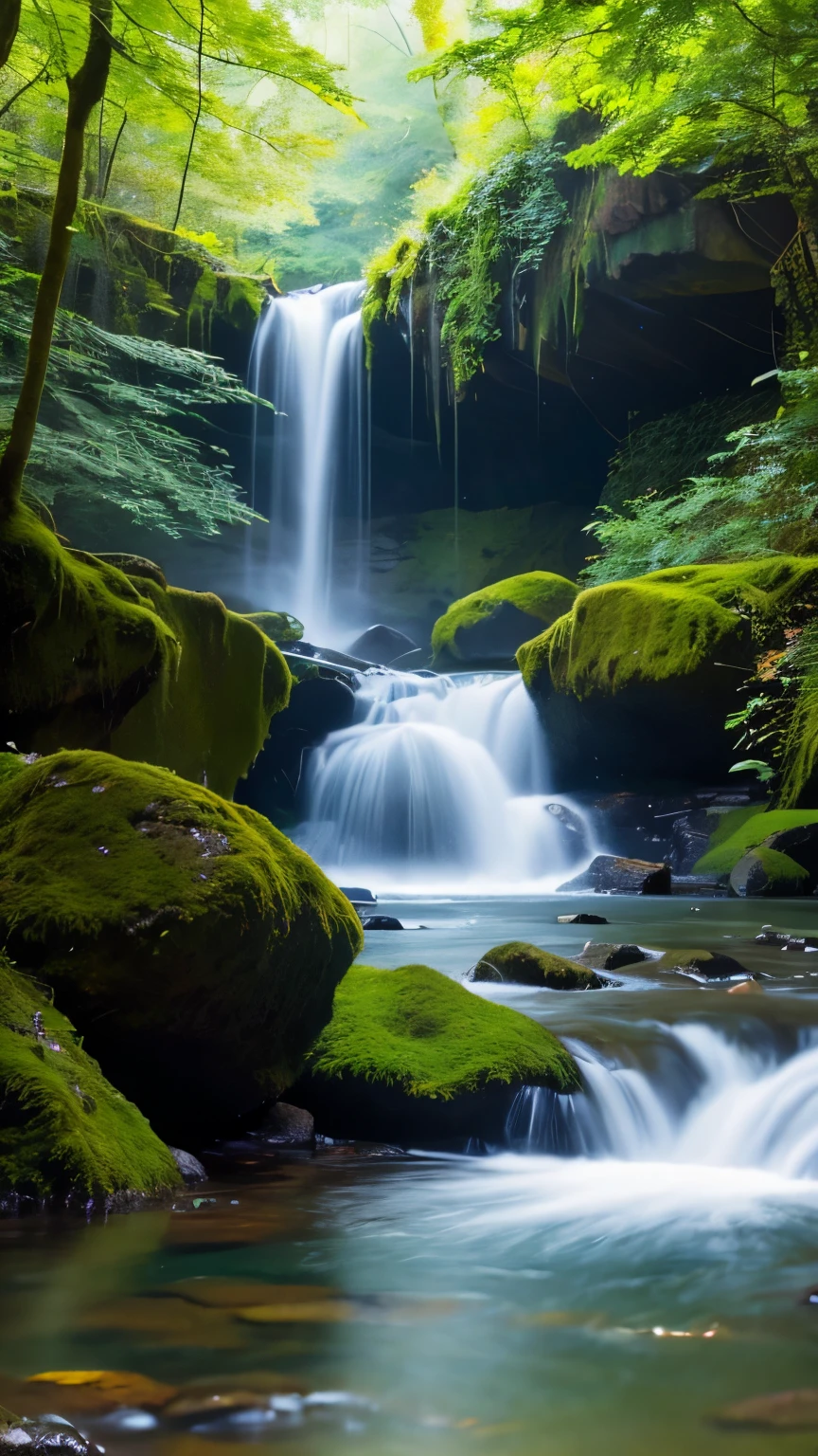 masterpiece、最高masterpiece、green々And in the woods、a beautiful waterfall cascading down moss-covered rocks,。wood々soft sunlight peeks through the gap,、The mist rising from the flowing water is illuminated,、create a magical beam of light,。vibrant green leaves and the smooth flow of water、creating a magical, quiet, and peaceful atmosphere.