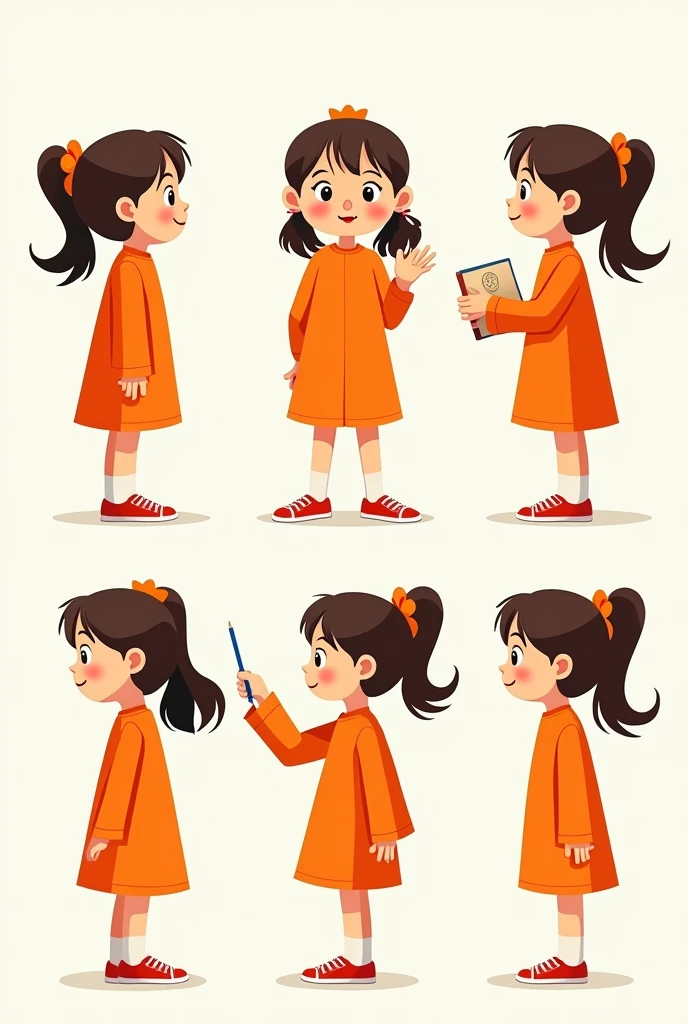 an character sheet of an image of a little girl, front view, full body in an orange dress with different movements, inspired by Mario Comensoli, a screenshot, behance, in school or classroom, children illustration, kids book illustration, childrenbook illustration, illustration for children, children's illustration, childrens book illustration, colorful kids book illustration