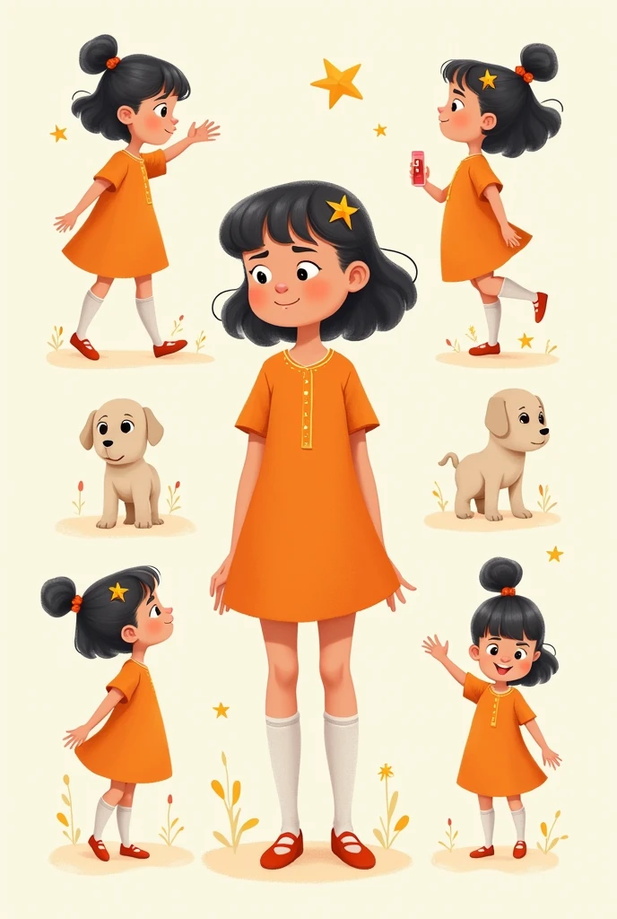 an character sheet of an image of a little girl, front view, full body in an orange dress with different movements, inspired by Mario Comensoli, a screenshot, behance, in school or classroom, children illustration, kids book illustration, childrenbook illustration, illustration for children, children's illustration, childrens book illustration, colorful kids book illustration
