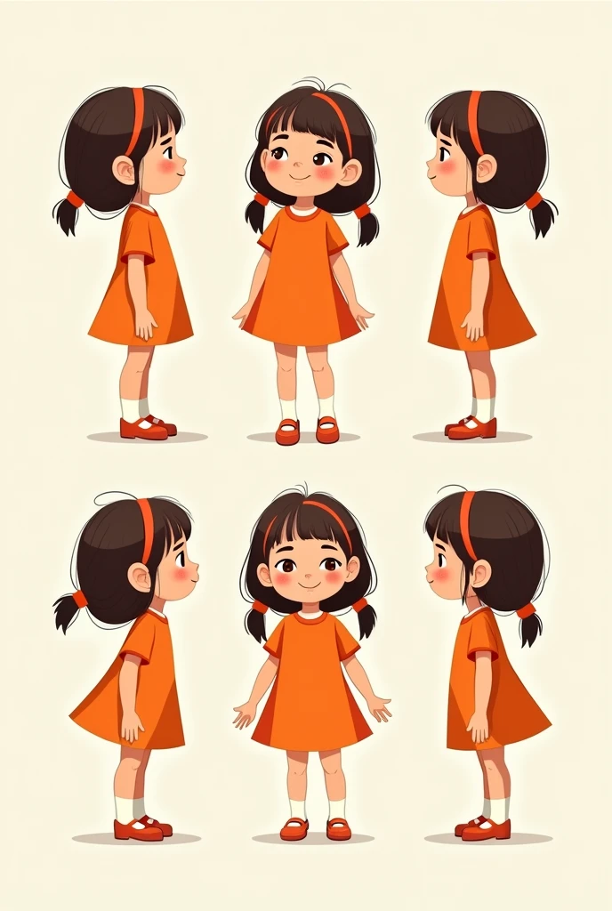 an character sheet of an image of a  girl, front view, full body in an orange dress with different movements, inspired by Mario Comensoli, a screenshot, behance, in school or classroom, children illustration, kids book illustration, childrenbook illustration, illustration for children, children's illustration, childrens book illustration, colorful kids book illustration
