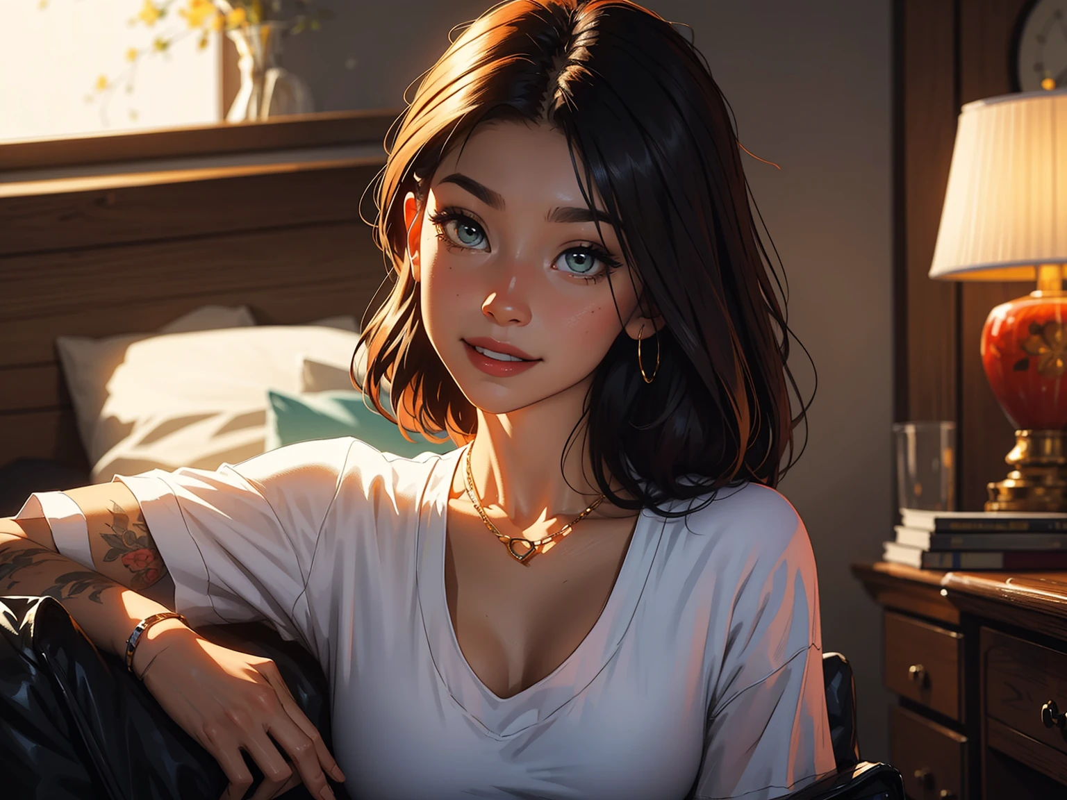 A stunning woman stands solo, hips slightly upturned, her detailed face radiating a sultry invitation. amber eyes shine like warm honey as she sports multi-colored hair with trendy bangs. A tattooed dragon wraps around her toned physique, visible beneath a fitted t-shirt that accentuates her chest. A delicate necklace glimmers against her skin as she confidently wears a sexy smile. Her mischievous gaze seems to say 'come closer', drawing the viewer's eye like a magnet. Framed by a soft, beauty is perfectly balanced and on full display, with the tip of the nipple showing through