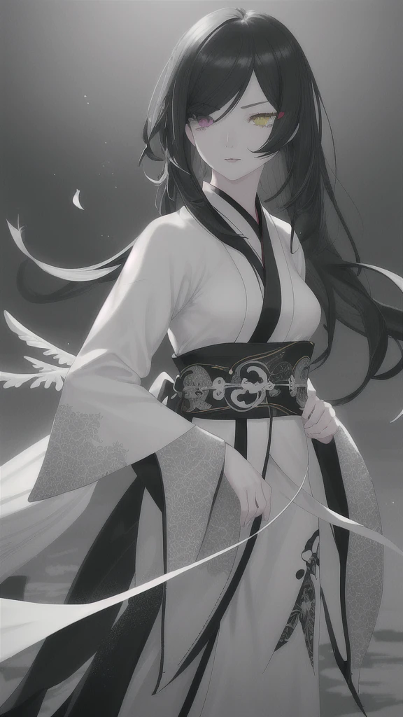 a wagtail with long black hair, hair tips are white, heterochromia with left eye black and right eye silver, wearing a black and white hanfu, detailed portrait, highly detailed, intricate details, hyper realistic, 8k, photorealistic, cinematic lighting, dramatic lighting, chiaroscuro, fantasy, elegant, graceful, ethereal, mystical