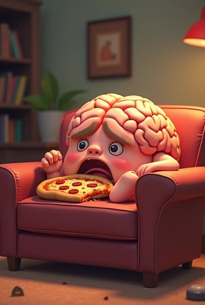 create an animated image of a fat, tired and sad brain eating pizza while lying on a sofa