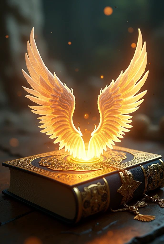 Magic book where a pair of angel wings stand out, like the ones Duki uses, with illuminated golden details.