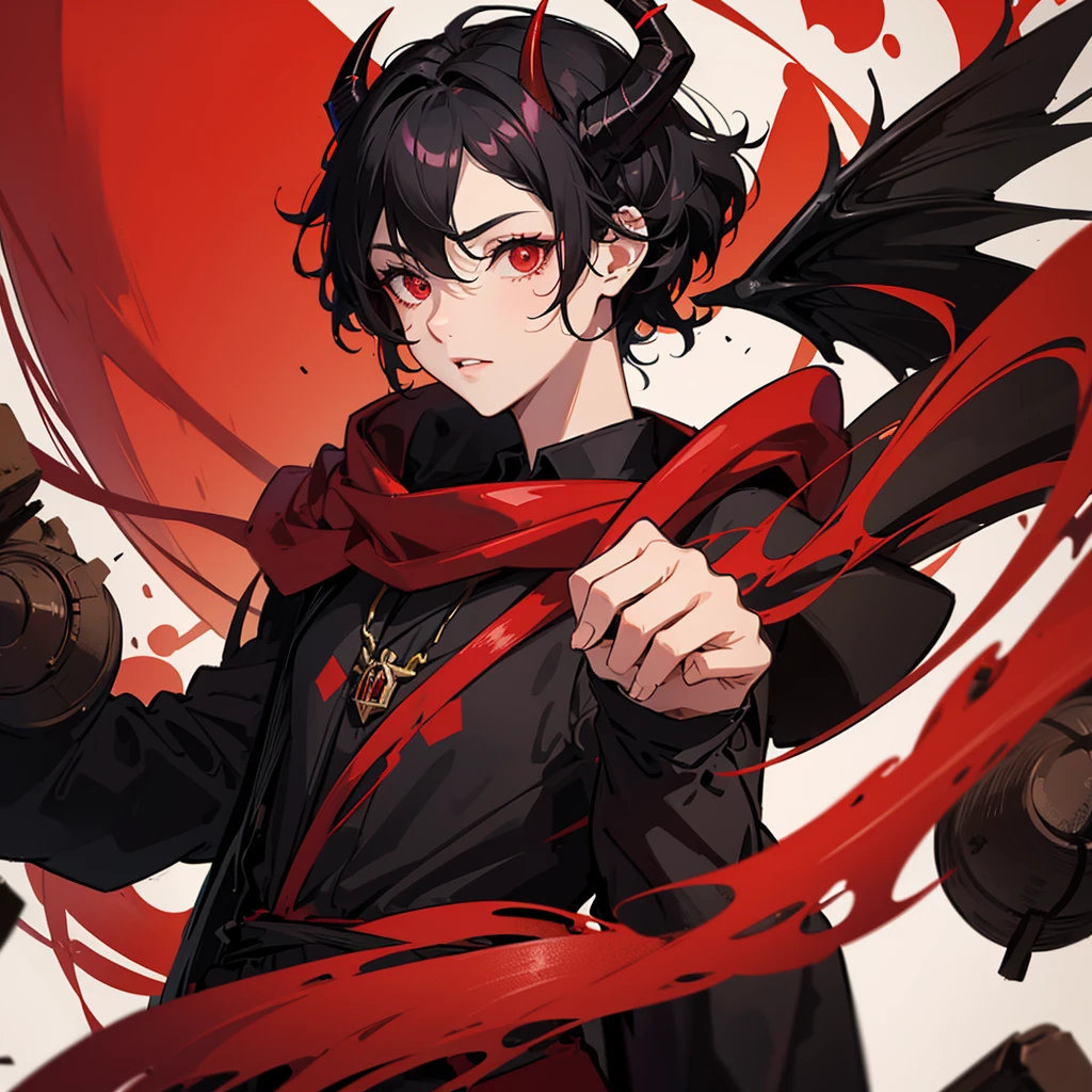 A guy with short curly black hair. This is a succubus. Red eyes, small horns on the head.