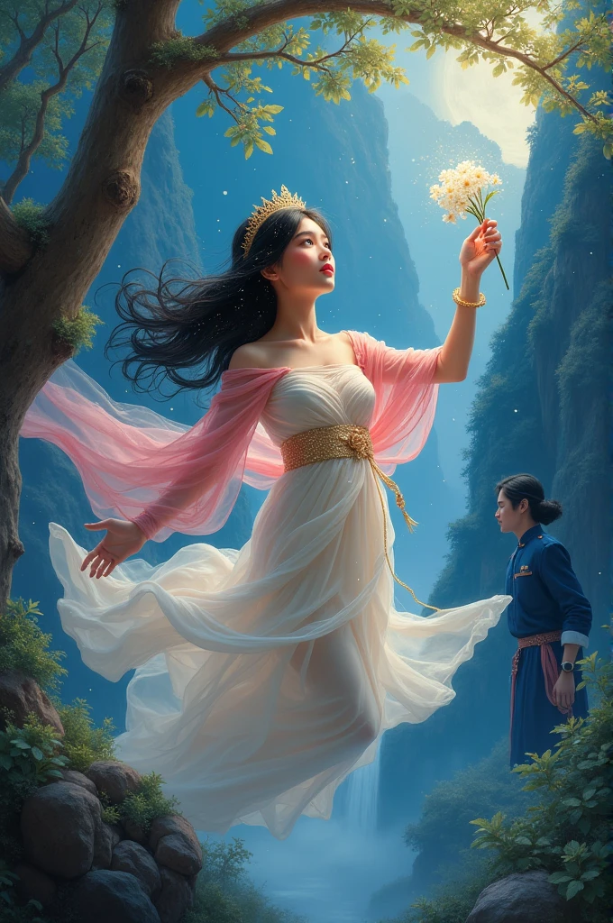 full lenght at night, full body shot, a beautiful young woman in a white and pink strapless Thai dress, wearing a white and pink sarong, a pink shawl with gold sparkles, long black hair, wearing a small gold crown, flying half-floating from the sky, holding a bunch of jasmine flowers in her hand, surrounded by sparkling light. A handsome young man with long black hair stands behind a tree looking at the young woman. A masterpiece of art, seen in all directions, glowing, sparkling beautifully, a beautiful mountain and waterfall scene, a three-dimensional image, an oil painting, an art painting by Ajarn Chalerm Chai