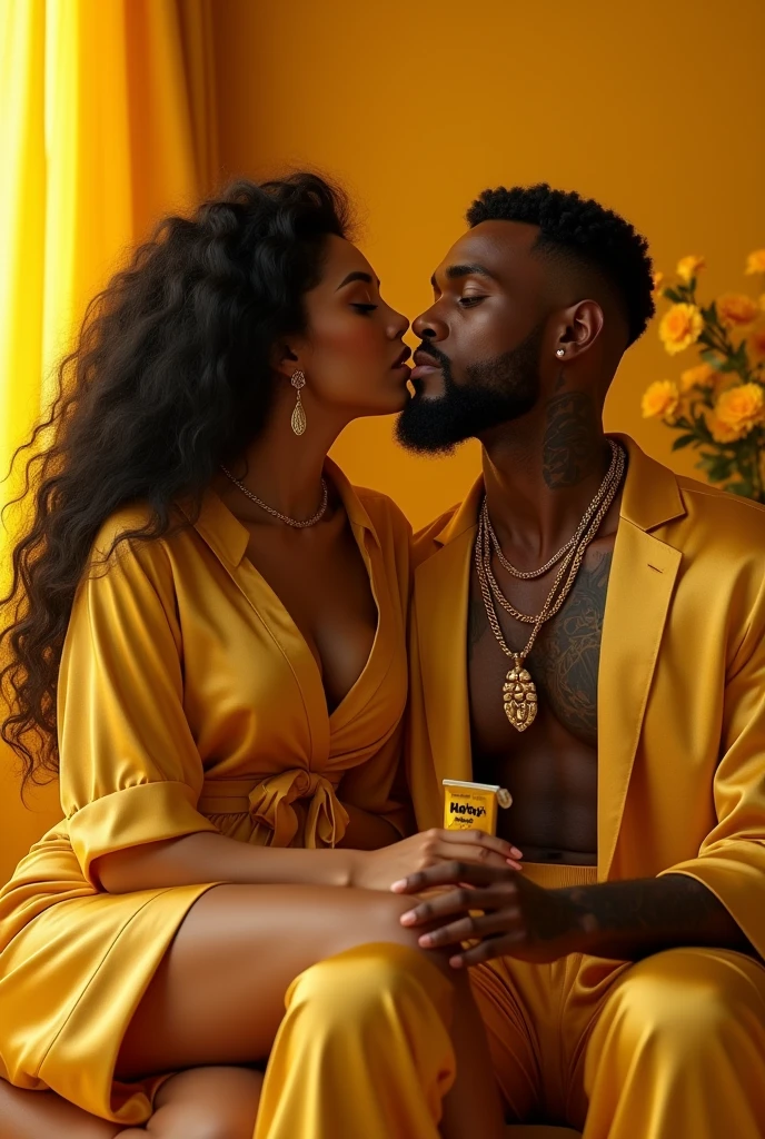 {a baddie caramel, latina blasian mixed women with a big bootyperfect body }long {black} hair, standing over pouring honey in the mouth of a preforming a smoke kiss {darkskinned black man black young man with taper faded waves haircut with a face tattoos with a beard tattoos with and a Cuban link that says "OZ” he holding a honey packets in gold wrapper that says HoHo in glowing black letters & Chinese letters that says legend on the packet, there seating in a honey in a yellow room, with yellow flowers with both wearing silk yello robes with honey on the walls