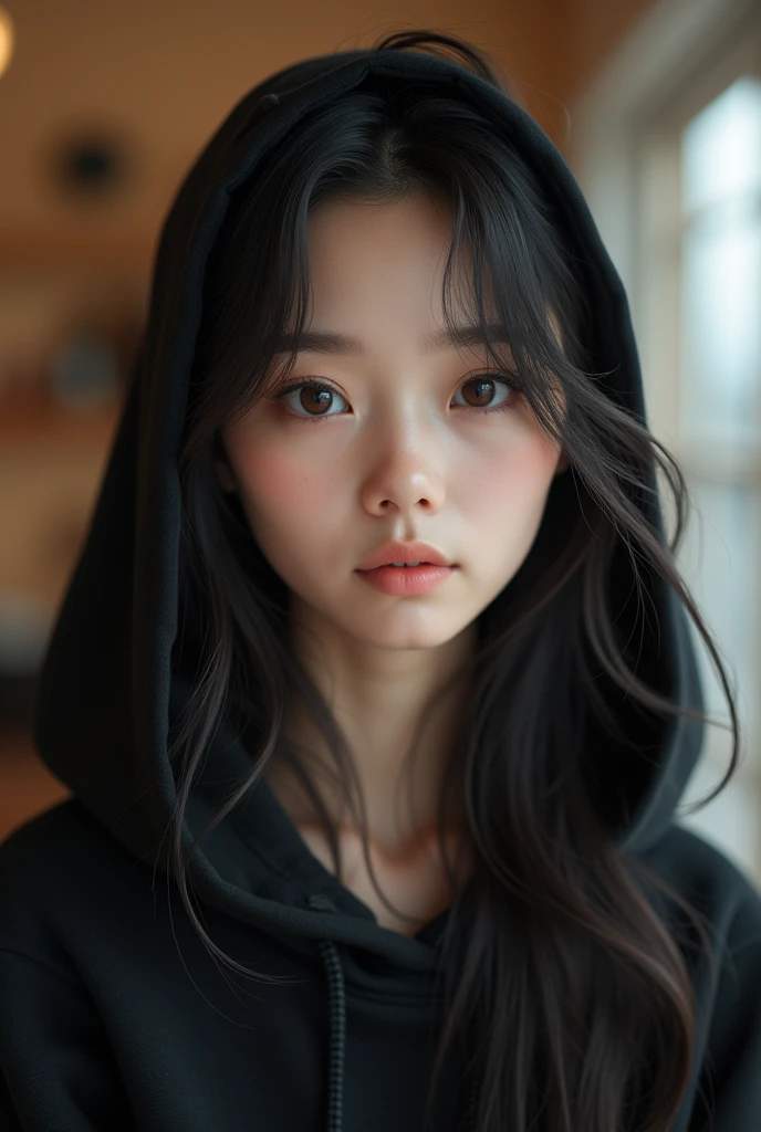 best quality, face focus, soft light, ultra high res, (photorealistic:1.4), RAW photo,
1japanese girl, solo, cute, (boba pupil eyes),  detailed beautiful face, (medium chest),(high resolution detail of human skin texture),
(long hair),
indoor,
Oversized Black Hoodie, youthful face photo
(portrait)