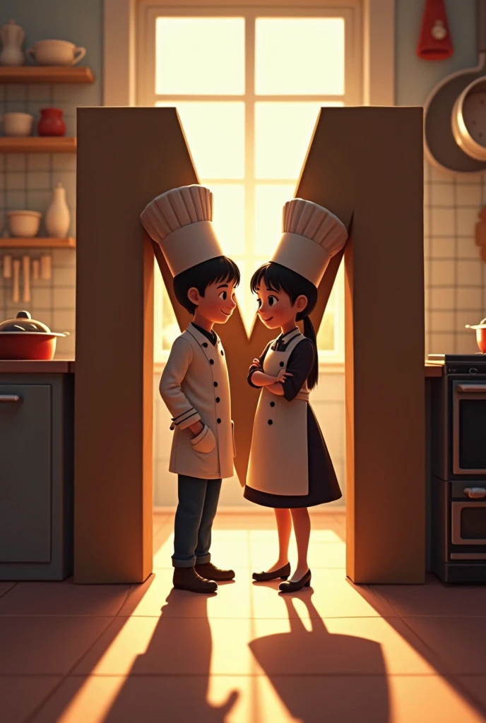 A boy and girl chef shadow bihind the letter of M