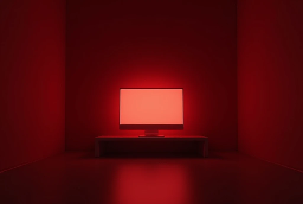 A room with a monitor, painted a deep red.
A room with no one in it.