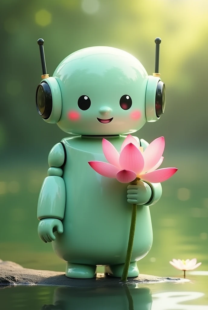Small friendly chubby robot in light green, showing a lotus flower
