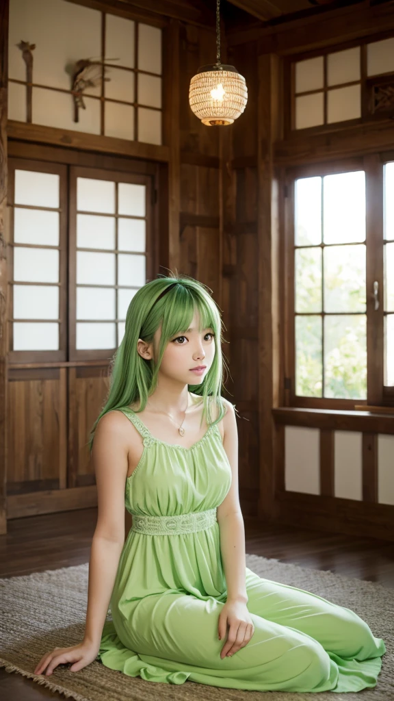 Light green haired anime girl in a light green dress,Sitting in the living room,wind chimes