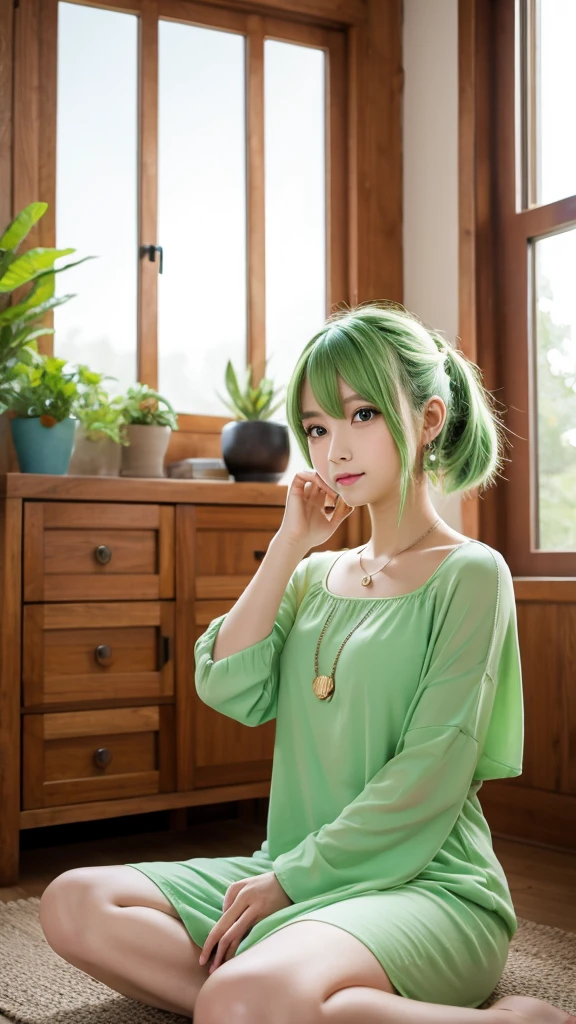 Light green haired anime girl in a light green dress,Sitting in the living room,wind chimes