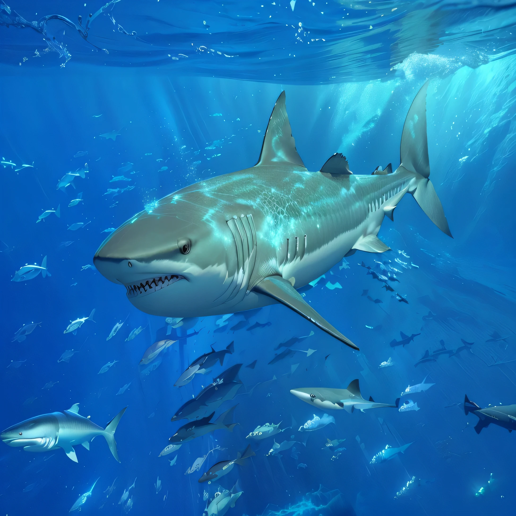 masterpiece, best quality, (extremely detailed CG unity 8k wallpaper), (best quality), (best illustration), (best shadow), absurdres, realistic lighting, (Abyss), beautiful detailed glow, art by PeterMohrBacher,there is a big shark swimming in the ocean with lots of fish, great white shark, megalodon, sharks, high quality clear photo, beautiful photo, by Juergen von Huendeberg, blue shark, photo taken by Robert Jacobsen, by Emanuel Witz, very sharp and detailed image, sharp photo, [realistic photo]!! more vivid