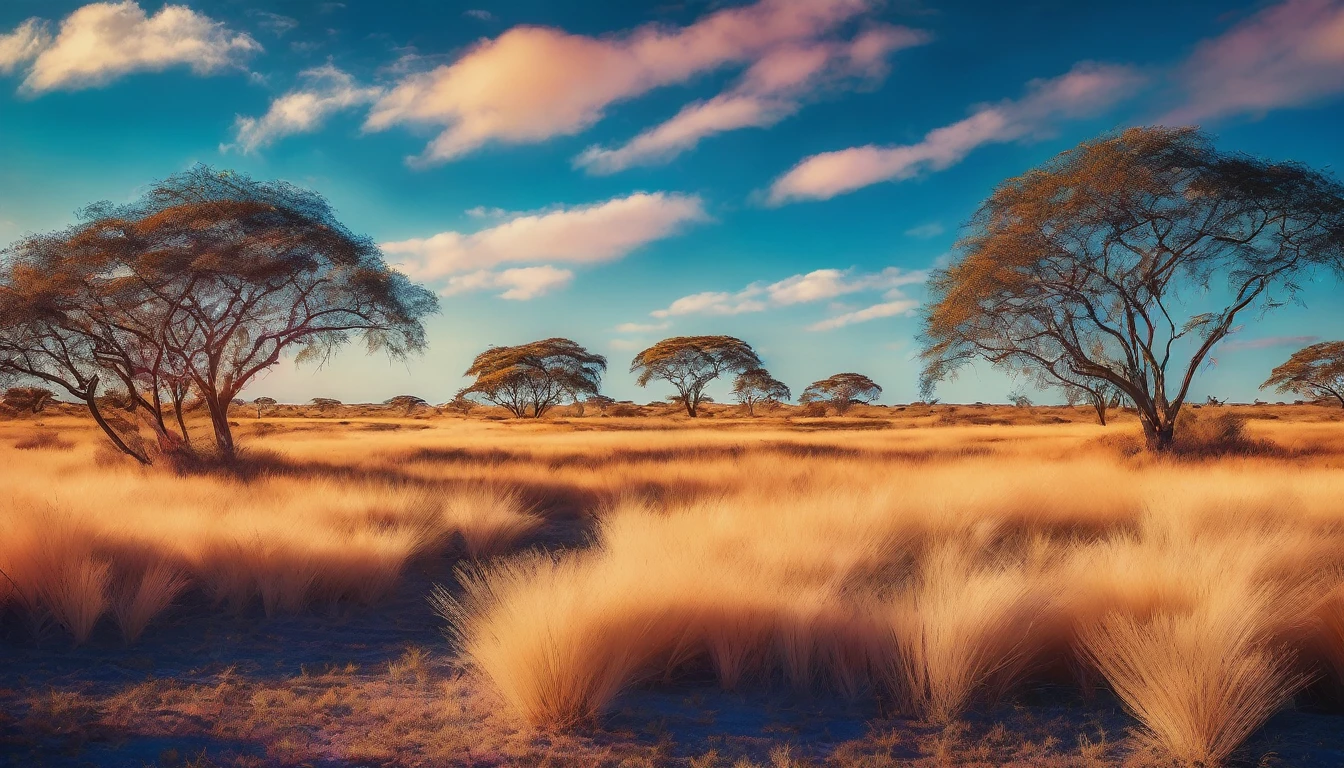 surreal and dreamlike, Incandescent Chiloscyllium palau resting on the golden savannah grass under a clear blue sky, surrounded by acacia trees in the background., vibrant color palette, splitlight effect, profesional photography, hard shadows, high contrast, saturated, pastel, dreamy atmosphere, liquid psychedelic