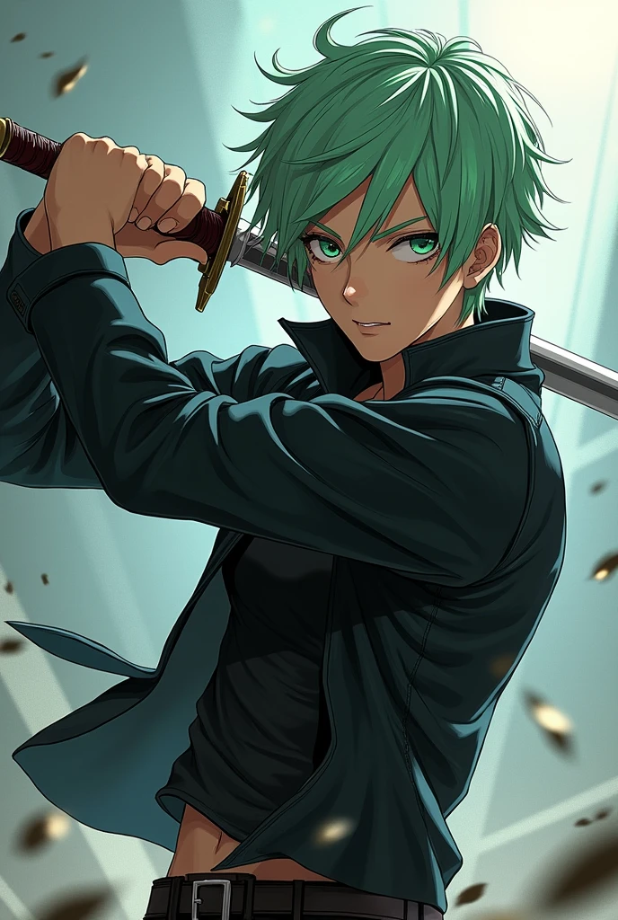 Nam is 17 years old, light green hair, black half body jacket, ,Sword blade