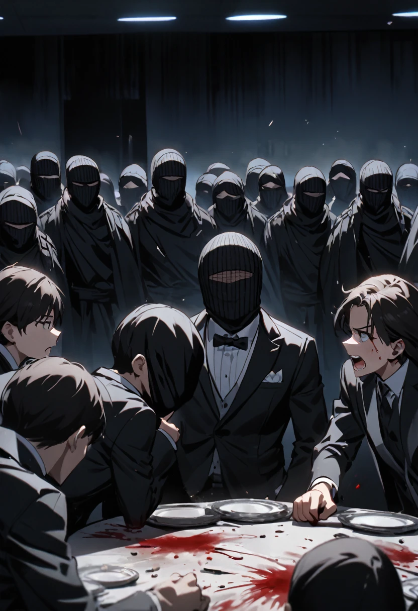 Fighting at the government table, many terrorists, black balaclava, black tuxedo, night, dark room, shooting, blood